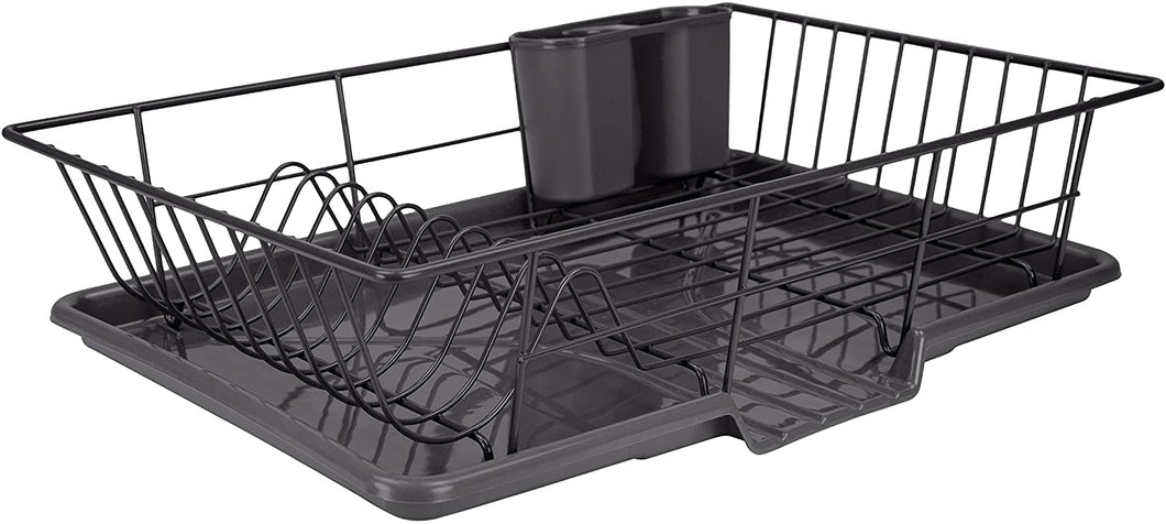 Home Basic 3 Piece Vinyl Coated Steel Dish Drainer Rack, Air Drying and Organizing Dishes, Side Mounted Cutlery Holder, Black