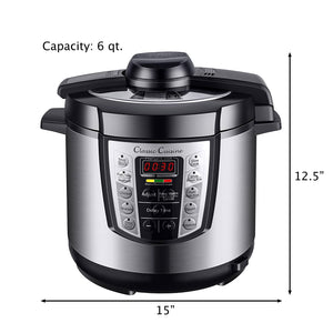 Multi-Cooker 4-in-1 Pressure Cooker, Slow Cooker, Rice Cooker, Steamer with 10 programmed settings and start delay timer – 6 Quart by Classic Cuisine