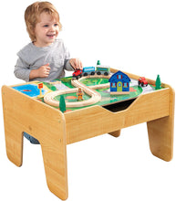 Load image into Gallery viewer, KidKraft 2-in-1 Reversible Top Activity Table with 200 Building Bricks &amp; 30Piece Wooden Train Set - Natural, 28.5&quot; x 24&quot; x 3.25&quot;