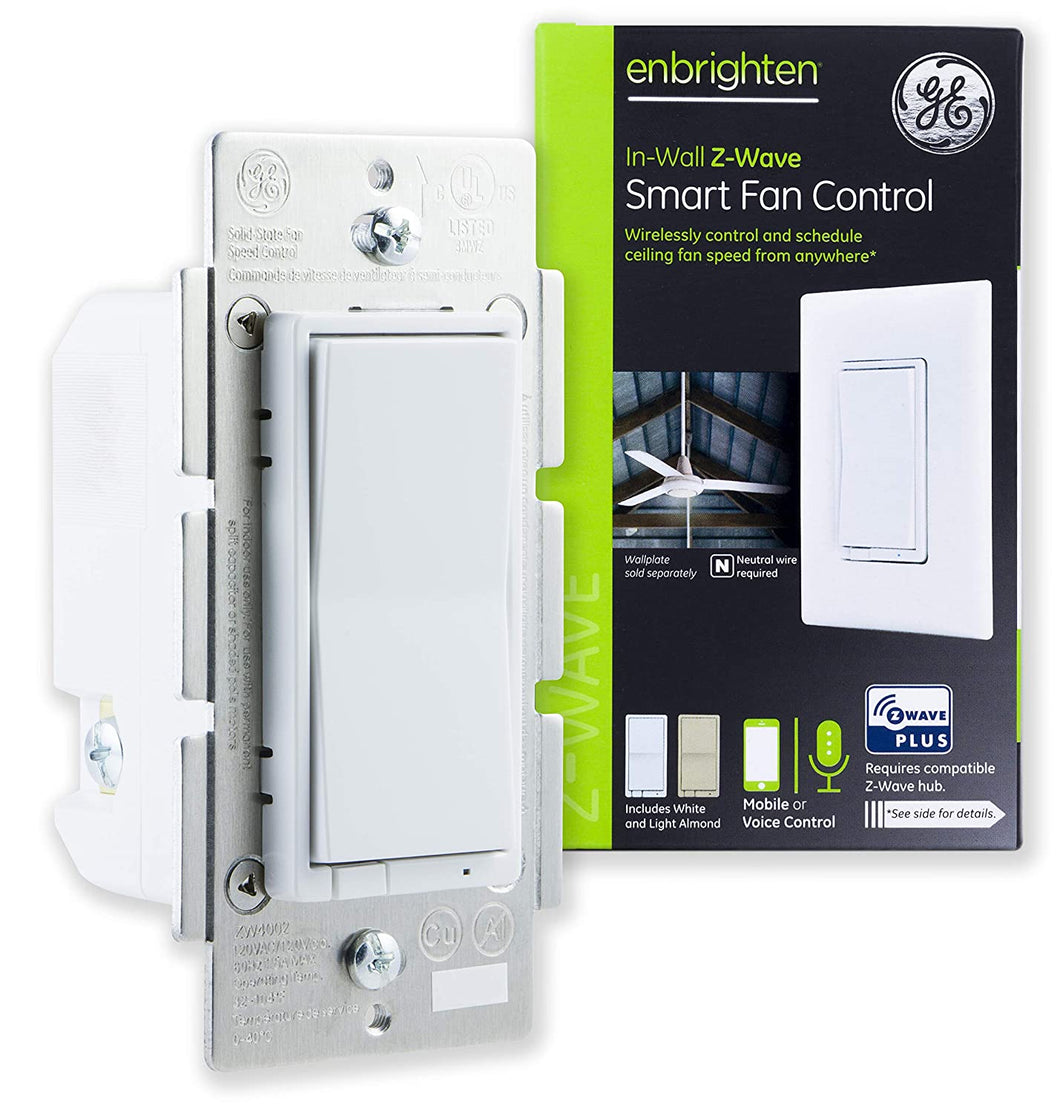 GE Enbrighten Z-Wave Plus Smart Fan Control, Speed ONLY, in-Wall, Includes White & Lt. Almond Paddles, Zwave Hub Required, Works with SmartThings Wink and Alexa, 14287