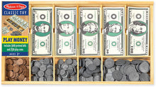 Load image into Gallery viewer, Melissa &amp; Doug Play Money Set - Educational Toy With Paper Bills and Plastic Coins (50 of each denomination) and Wooden Cash Drawer for Storage