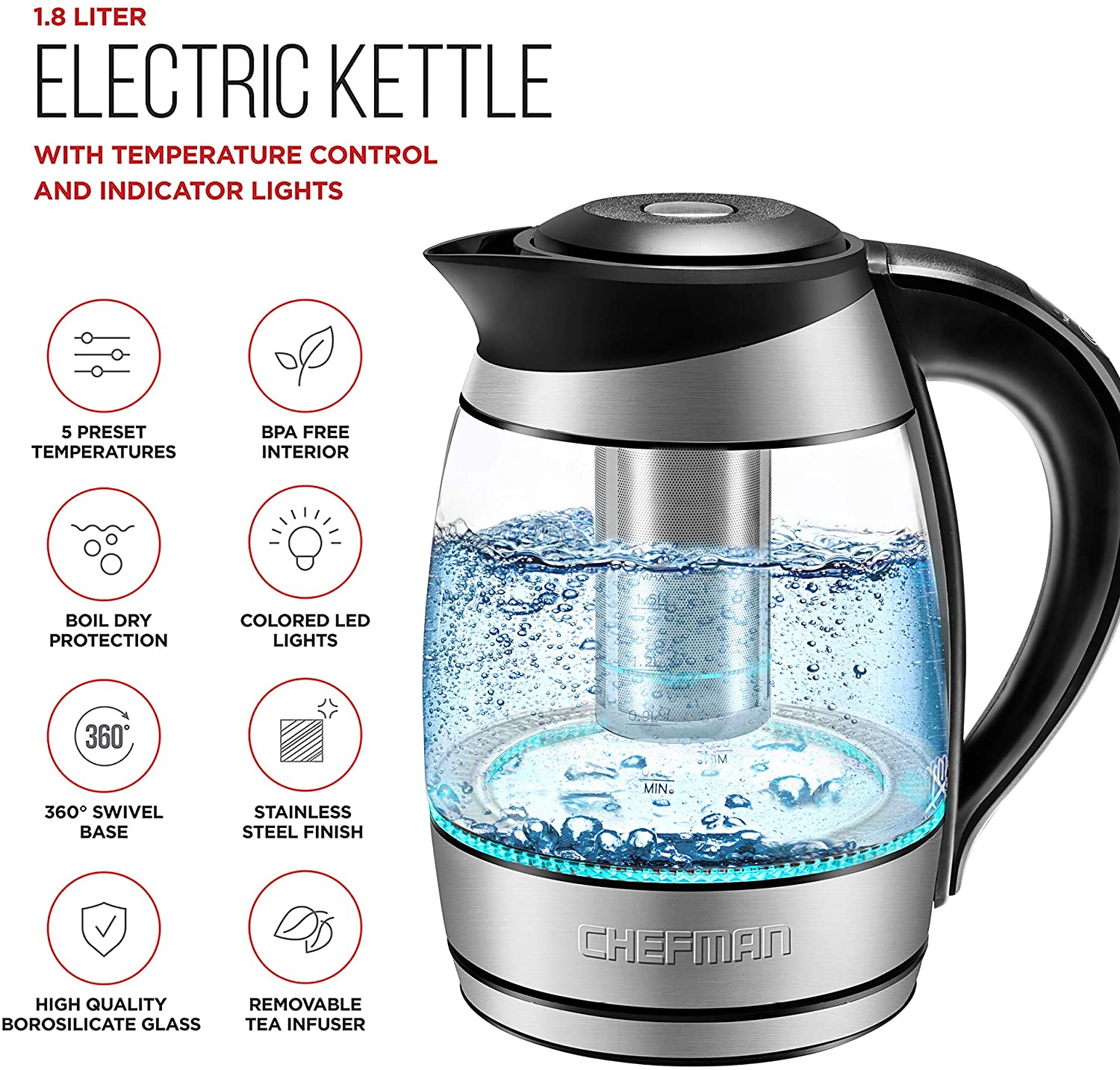  Chefman Electric Glass Kettle LED Indicator Lights, 360 deg  Swivel Base, BPA Free, Stainless Steel, 1.8 Liters: Home & Kitchen