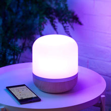 Load image into Gallery viewer, WiZ WiFi connected smart LED Hero table lamp. Wood color. Dimmable, 64,000 shades of white, 16 million colors. Compatible with Alexa and Google Home.