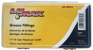 Lumax LX-4841 Gold/Silver (SAE) 1/4"-28 Taper and 1/8" P.T.F. 100 Piece Grease Fitting Assortment