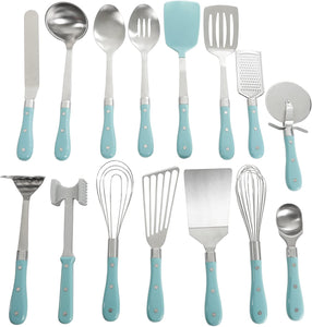 Frontier Collection 15-Piece All In One Tool And Gadget Set In Turquoise, Made of Stainless Steel, Nylon and Riveted ABS Handles, Dishwasher Safe