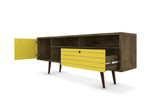 Load image into Gallery viewer, Manhattan Comfort Liberty Collection Mid Century Modern TV Stand With Three Shelves, One Cabinet and One Drawer With Splayed Legs, Yellow/Wood