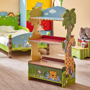 Fantasy Fields - Sunny Safari Wooden Kids Bookshelf with Hand Crafted Designs & Toy Storage - Green