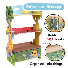 Load image into Gallery viewer, Fantasy Fields - Sunny Safari Wooden Kids Bookshelf with Hand Crafted Designs &amp; Toy Storage - Green