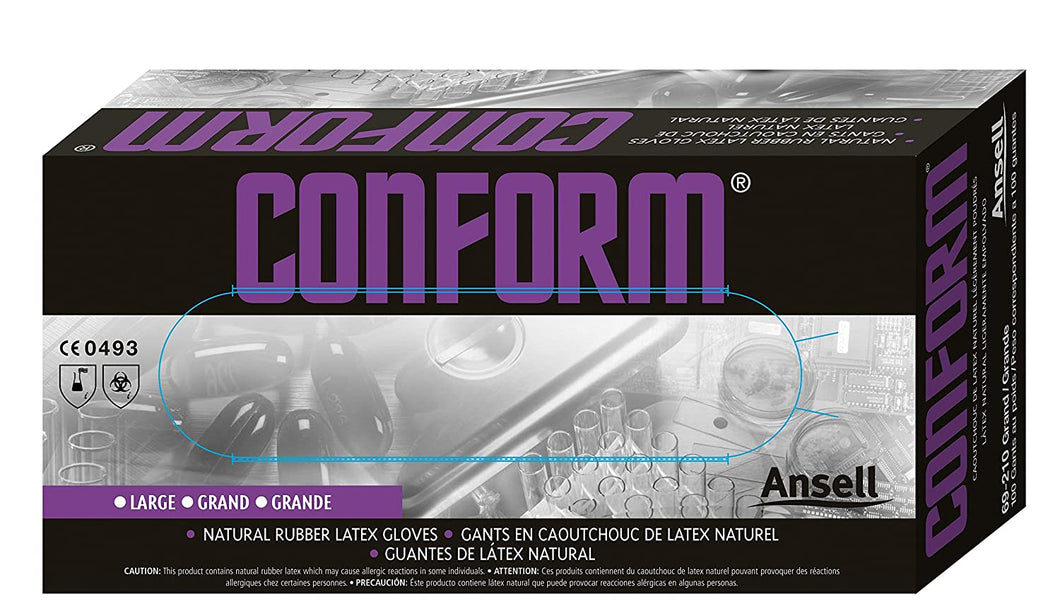 Ansell Conform 69-210 Latex Glove, Powdered, Disposable, Rolled Beaded Cuff, 9