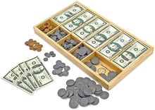 Load image into Gallery viewer, Melissa &amp; Doug Play Money Set - Educational Toy With Paper Bills and Plastic Coins (50 of each denomination) and Wooden Cash Drawer for Storage