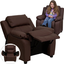 Load image into Gallery viewer, Flash Furniture Deluxe Padded Contemporary Brown Leather Kids Recliner with Storage Arms