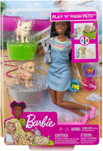 Load image into Gallery viewer, Barbie Play &#39;n Wash Pets Playset with Brunette Barbie Doll, 3 Color-Change Animals (A Puppy, Kitten and Bunny) and 10 Pet and Grooming Accessories, Gift for 3 to 7 Year Olds