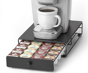 Under the Brewer Storage Drawer for K-Cup Packs Organize 24 K-Cup Pods. K-Cup Holder will fit underneath all At Home Keurig Hot Brewers Saving Counter Space