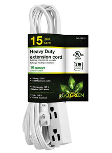 GoGreen Power GG-19615 16/3 15' 3-Outlet Extension Cord - White