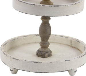 Deco 79 Large, 3-Tier Distressed White & Natural Wood Round Serving Tray Stand, Party Serving Trays, Wood Tray Stand, Farmhouse Style Food Trays | 15” x 25”