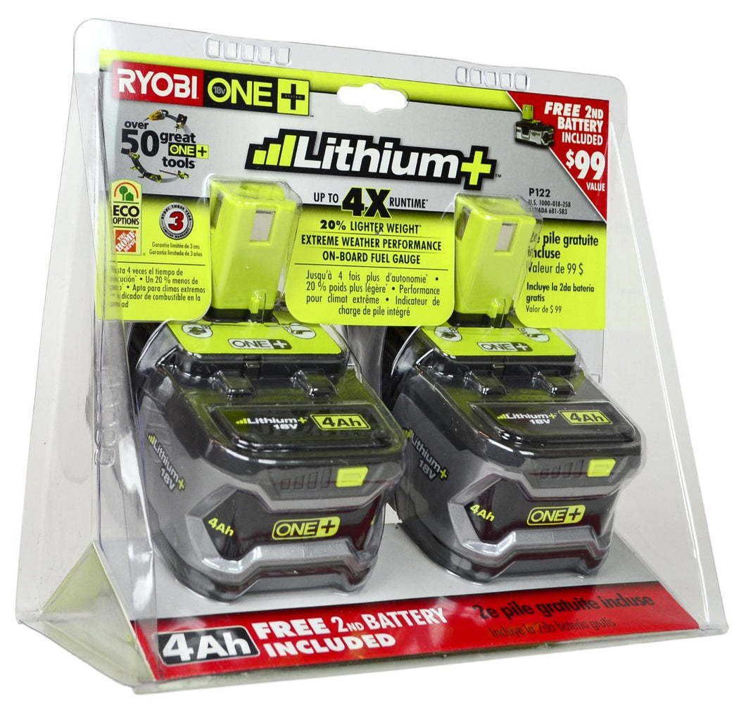 Ryobi P122 4AH One+ High Capacity Lithium Ion Batteries For Ryobi Power Tools (2 Pack of P108 Batteries)