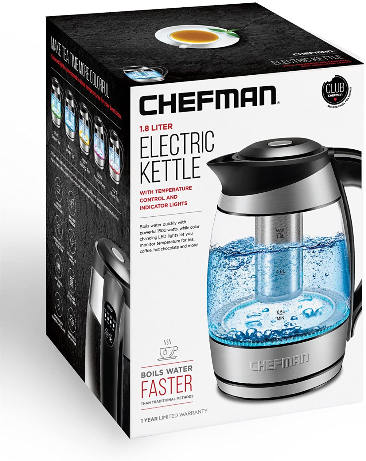 Chefman Fast Boiling 1.8L Electric Glass Kettle, Removable Tea Infuser, LED  Lights, Stainless Steel