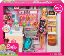 Load image into Gallery viewer, Barbie Doll, Blonde, and Grocery Store with Rolling Cart and Working Belt