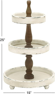 Deco 79 Large, 3-Tier Distressed White & Natural Wood Round Serving Tray Stand, Party Serving Trays, Wood Tray Stand, Farmhouse Style Food Trays | 15” x 25”