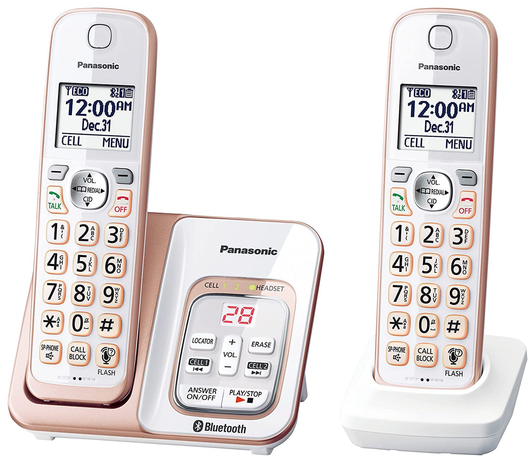 PANASONIC Expandable Cordless Phone System with Link2Cell Bluetooth, Voice Assistant, Answering Machine and Call Blocking - 2 Cordless Handsets - KX-TGD562G (Rose Gold/White)