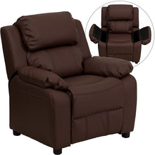 Load image into Gallery viewer, Flash Furniture Deluxe Padded Contemporary Brown Leather Kids Recliner with Storage Arms