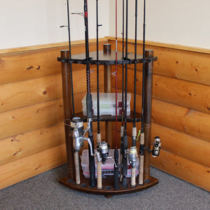 Rush Creek Creations 13 Fishing Rod Corner Rack with Dual Rod Clips and Storage Shelf