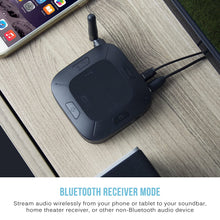 Load image into Gallery viewer, MEE audio Connect Hub Universal Dual Headphone and Speaker Bluetooth Audio Transmitter and Receiver for TV with aptX Low Latency, optical and analog pass-through, extended range, and volume boost