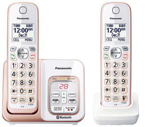 PANASONIC Expandable Cordless Phone System with Link2Cell Bluetooth, Voice Assistant, Answering Machine and Call Blocking - 2 Cordless Handsets - KX-TGD562G (Rose Gold/White)