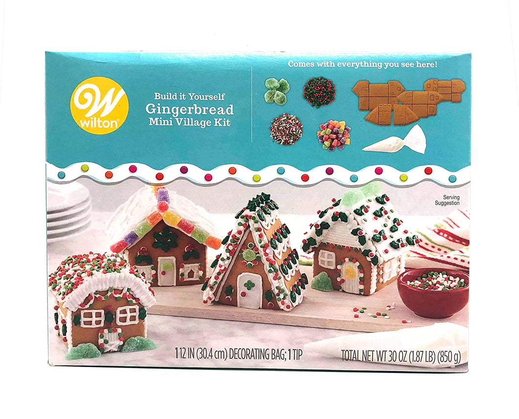 Gingerbread House Kit Mini Village, Build It Yourself Fun For Christmas Thanksgiving Holiday Decorating, 1.87LB Kit Includes: 4 Sets Of House Panels, 4 Types Of Candies, Decorating Bag With Tip, Icing