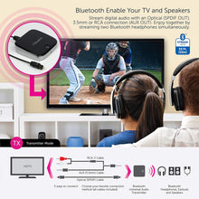 Load image into Gallery viewer, Aluratek ADB1B Bluetooth Audio Receiver and Transmitter, 2-in-1 Wireless 3.5mm, AUX, Optical Audio Adapter, Pairing with 2 Bluetooth Headphones Simultaneously in Transmitter Mode