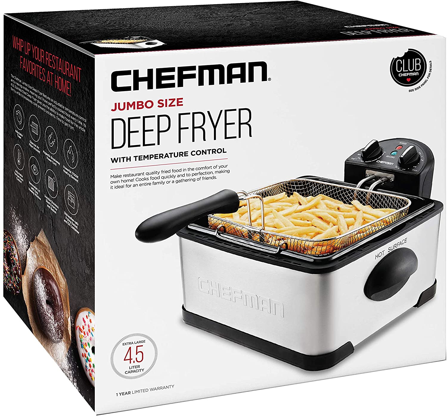 Chefman Deep Fryer with Basket Strainer, 4.5 Liter XL Jumbo Size Adjustable
