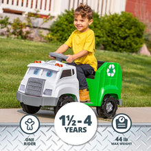 Load image into Gallery viewer, Kid Trax Real Rigs Toddler Recycling Truck Interactive Ride On Toy, Kids Ages 1.5-4 Years, 6 Volt Battery and Charger, Sound Effects, 9 Recycling Accessories Included (KT1535TG) , Green