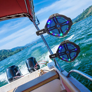 Waterproof Marine Wakeboard Tower Speakers - 8in Dual Subwoofer Speaker Set and 1” Tweeter, LED Lights and 260 Watt Power - 2-way Boat Audio System with Mounting Bracket - 1 Pair - PLMRWB85LEB (Black)
