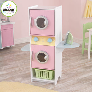 KidKraft Laundry Playset Children's Pretend Wooden Stacking Washer and Dryer Toy with Iron and Basket, Gift for Ages 3+, Pastel