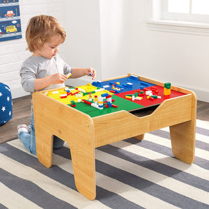 KidKraft 2-in-1 Reversible Top Activity Table with 200 Building Bricks & 30Piece Wooden Train Set - Natural, 28.5" x 24" x 3.25"